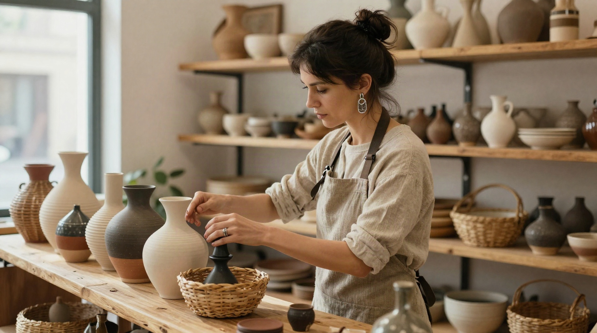 Хозяйка бутика раскладывает уникальные handmade товары на деревянной полке в уютном магазине.